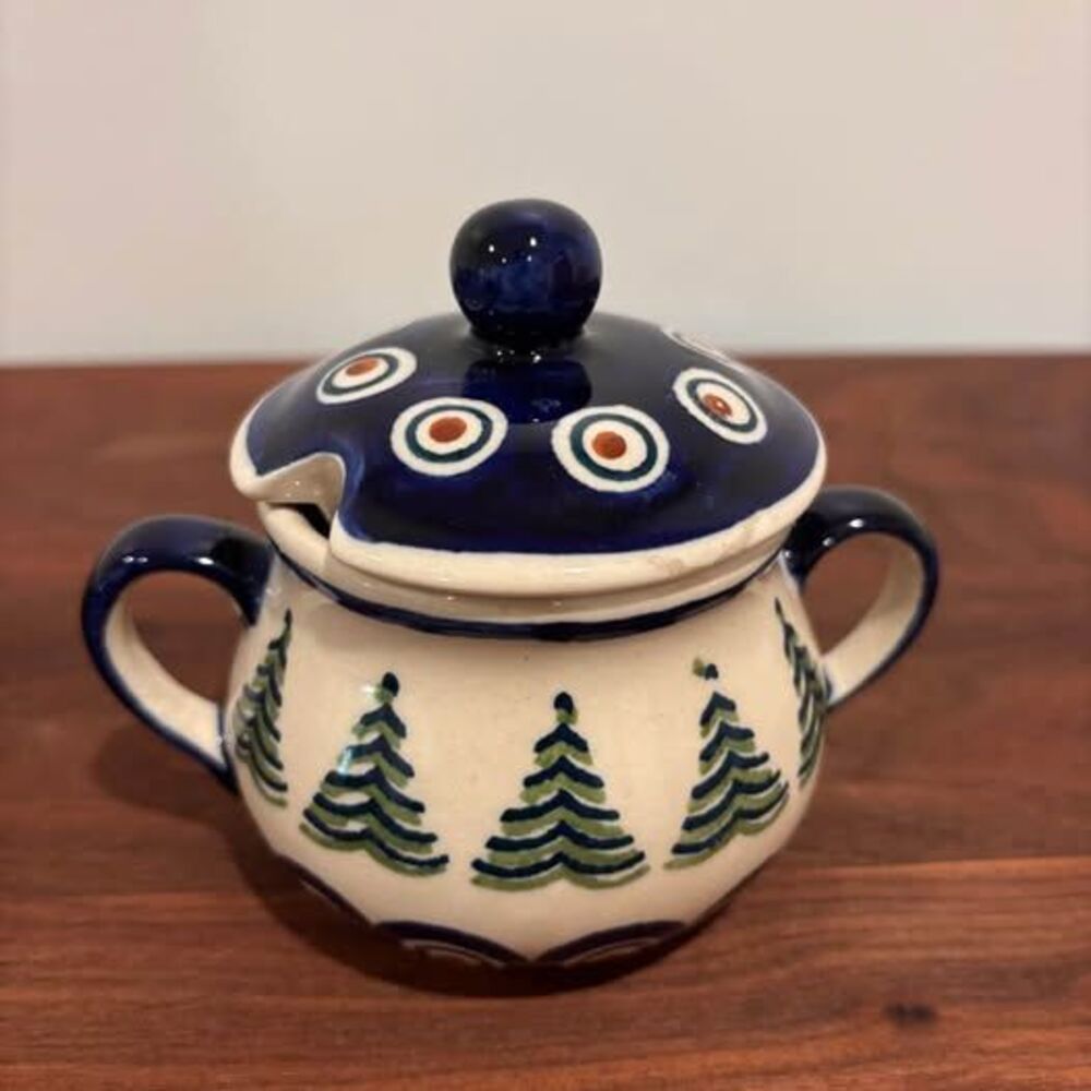 Manufaktura Boleslawiec Polish Pottery Sugar Bowl With Lid Peacock Pine Trees